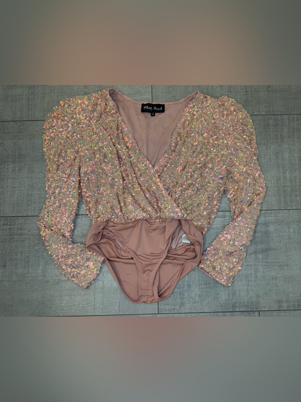 White Birch Black Label Pink Sequin Puff Sleeve Wrap Front Body Suit XL